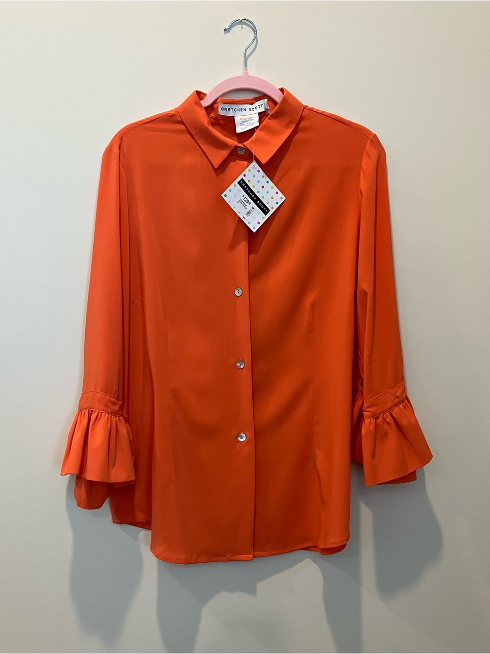 Gretchen Scott Designs Vibrant Orange Button-Front Ruffle Sleeve Shirt. NWT